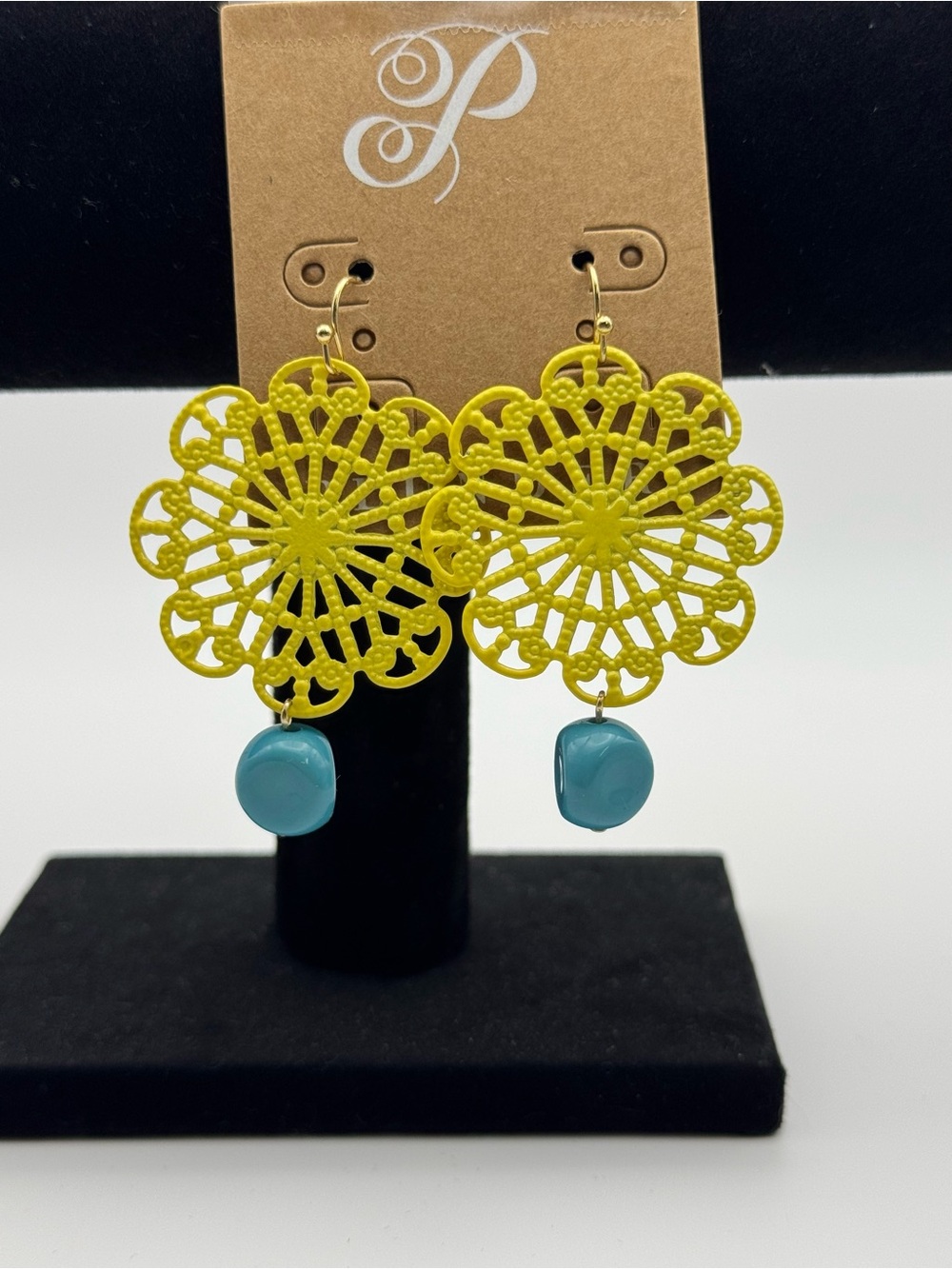 pistil Yellow Filigree Sunburst Earrings with Teal Drop